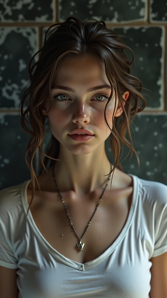 (masterpiece, photorealistic:1.4, extremely intricate:1.3, radiosity, photon mapping, dtx, 8K), ((((closeup necklace, white t-shirt, humid, [medium breasts:large breasts:0.8])), humid, [skin detail:freckles:0.7], natural, 19 year teenage supermodel), dark room, ((stone shower, glass shower, clean)))
