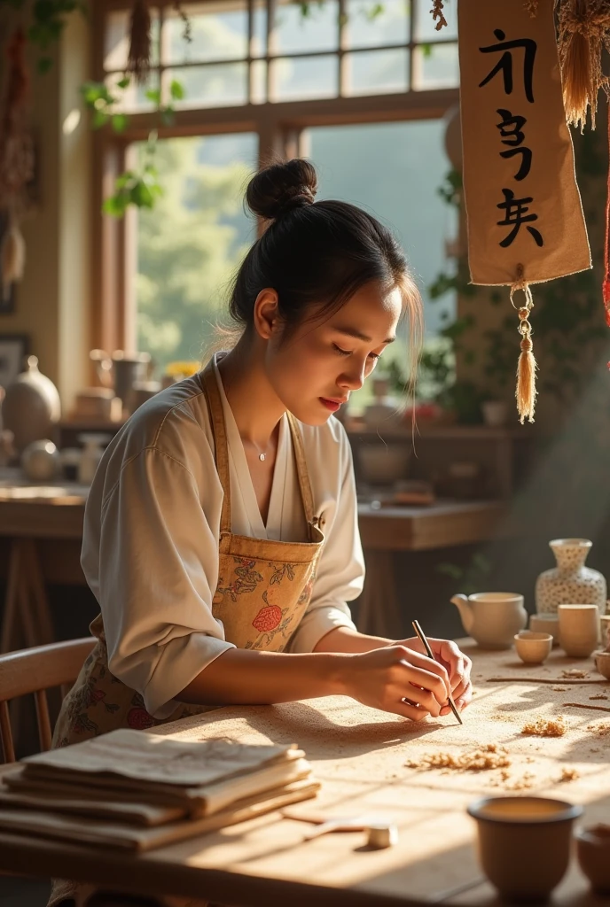 Radiant sun Asian woman in her 40s creating crafts sign reading Keiko Creations