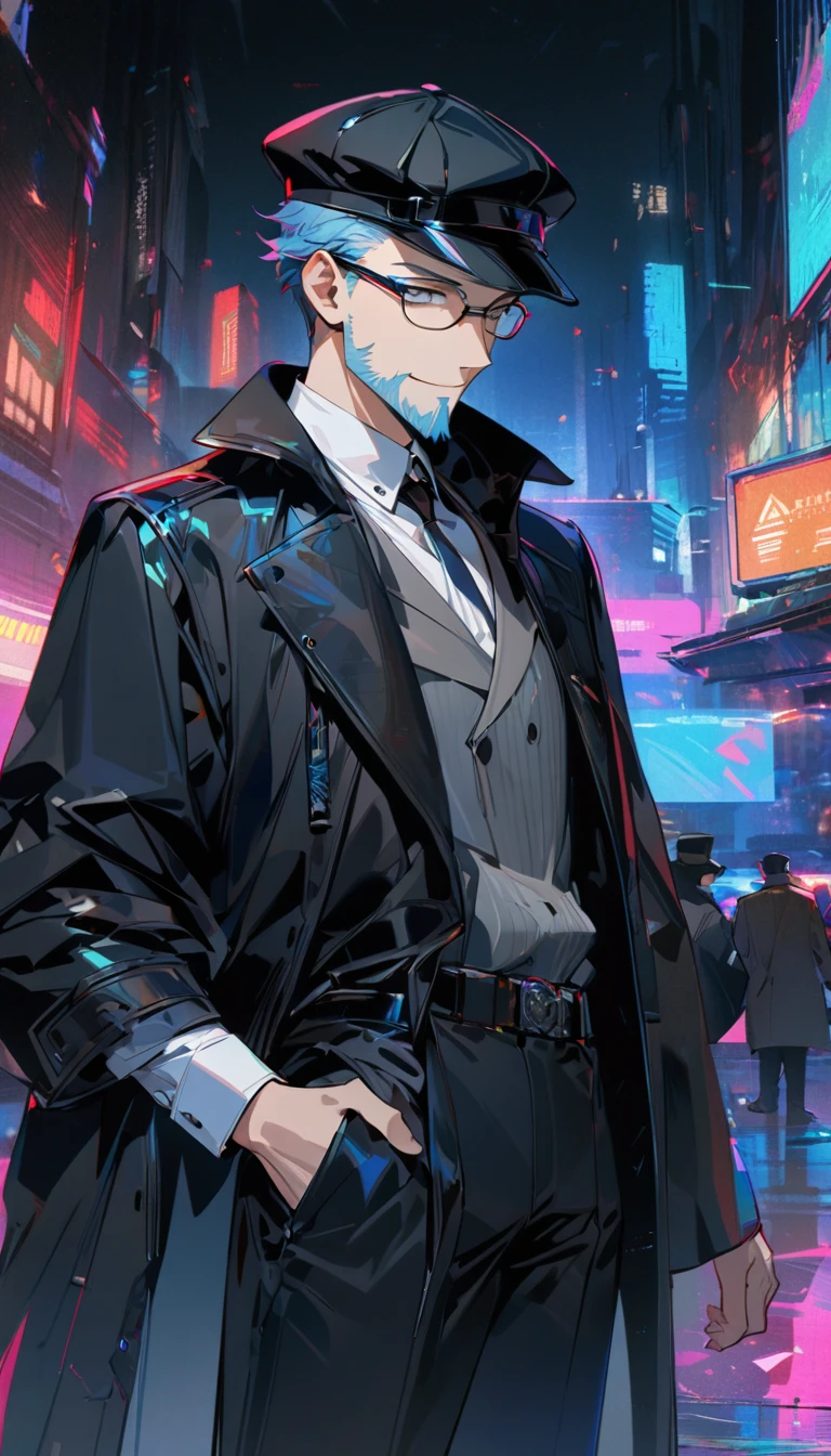 adult guy, male, smile, short blue hair, short gray beard, gray eyes, glasses, black hat, long black leather coat, one white sleeve, one blue sleeve, black trousers, elegant, cyberpunk, detective, Yuanwu, Masterpiece, best quality, Full HD, 8k, ultra details, great graphic