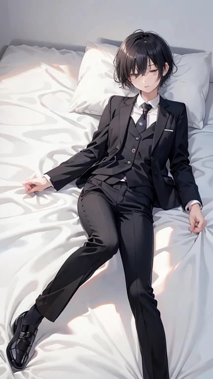 naked、nude、older sister、cool、slender、Black Hair,、Short Hair、In a suit、pants、Sleeping
