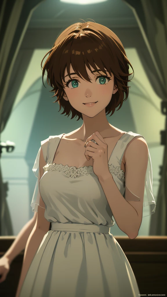 a beautiful young girl with short flowing brown hair, piercing green eyes, perfect eyes  delicate features, happy, Smile, wearing a White Dress inspired by Evangelion, detailed and, best quality, highly detailed, photorealistic, studio lighting, cinematic, dramatic lighting, vibrant colors, ethereal, mystical, intricate details