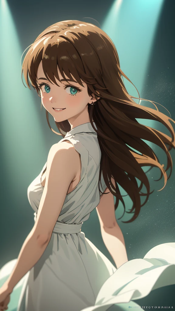 a beautiful young girl with short flowing brown hair, piercing green eyes, perfect eyes  delicate features, happy, Smile, wearing a White Dress inspired by Evangelion, detailed and, best quality, highly detailed, photorealistic, studio lighting, cinematic, dramatic lighting, vibrant colors, ethereal, mystical, intricate details