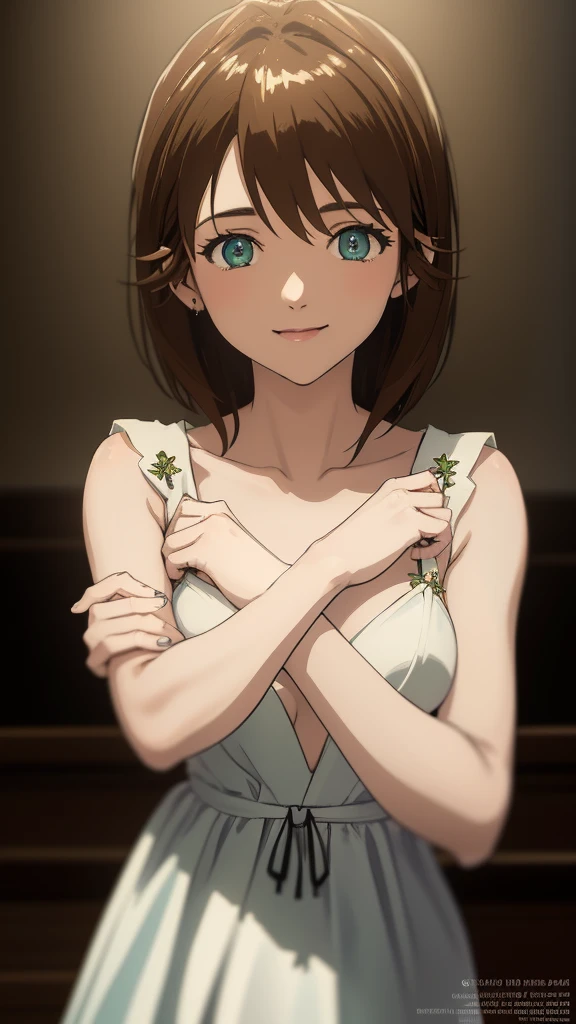 a beautiful young girl with short flowing brown hair, piercing green eyes, perfect eyes delicate features, happy, Smile, wearing a White Dress inspired by Evangelion, detailed and, best quality, highly detailed, photorealistic, studio lighting, cinematic, dramatic lighting, vibrant colors, ethereal, mystical, intricate details