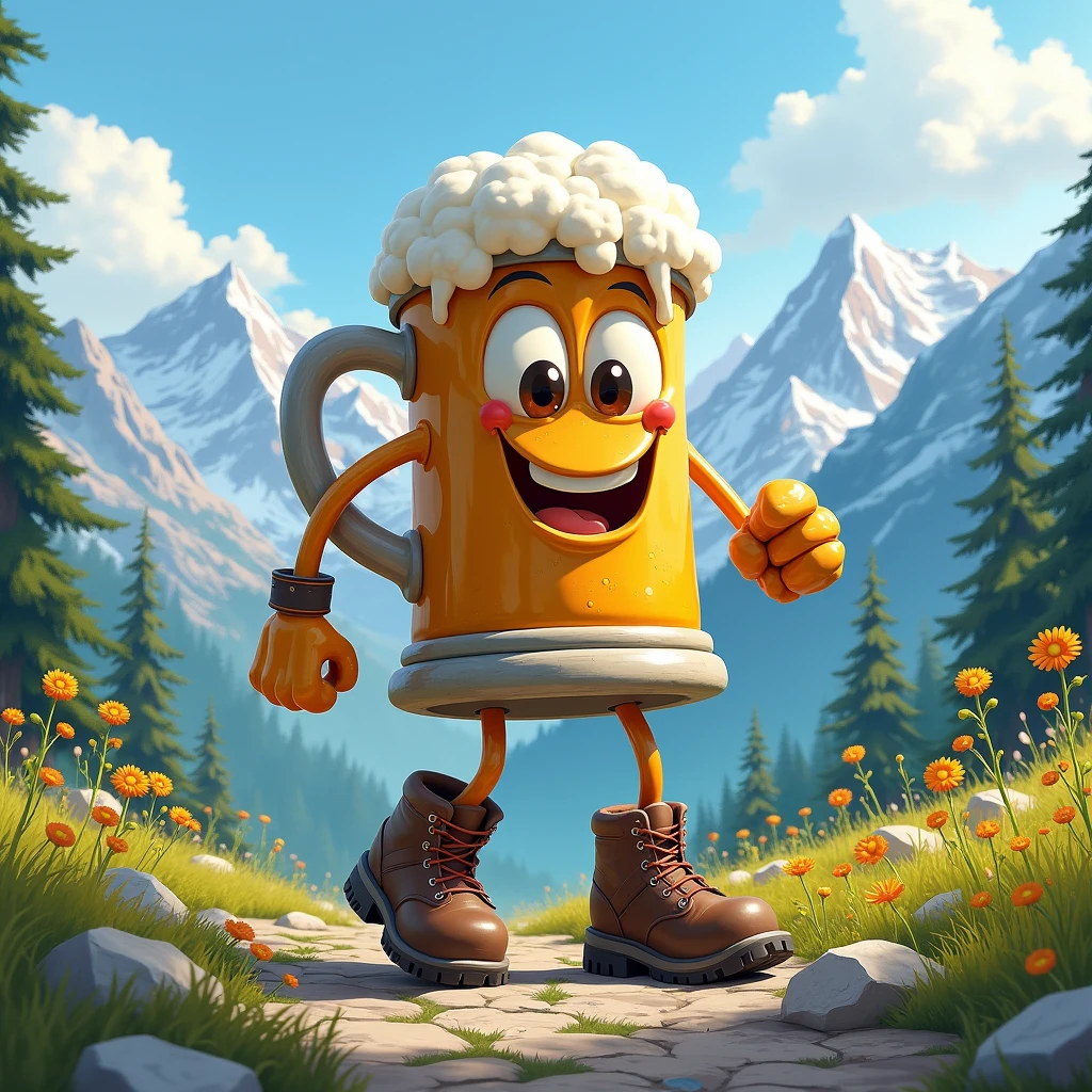 A beer mug with eyes, Arms and Legs. She wears big hiking boots and walks in the mountains.