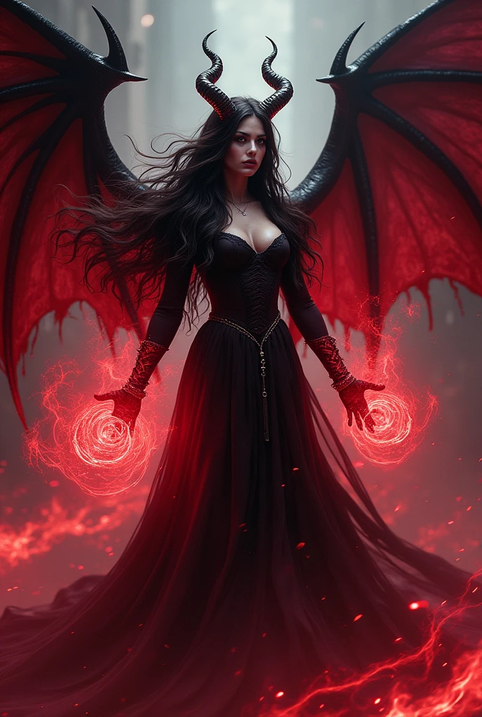 A touch of red evil female magic with horns and wings. Long hair and even more red dark dragon magic