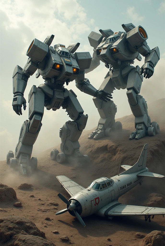 Create a image war robots battle field where 2 robots fighting each other one robot is on top of hill and other is down of the hill and beside of this robot half plane lying on the land in 3 point perspective top view and plane cut off front part left there