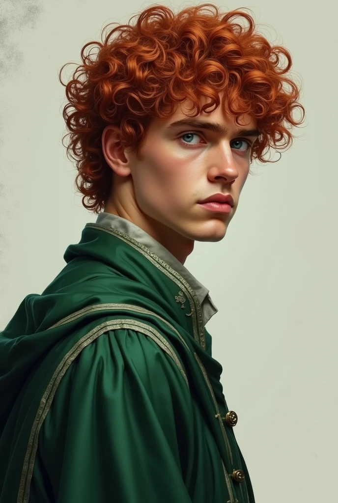 Serious curly red-haired guy with blue eyes. Standing in profile and looking at the screen. Dressed in Slytherin robes. Realism.
