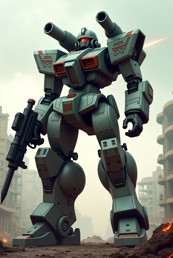 A giant robot with a gun in right hand, a blade in left hand, and two cannon on its backpack.