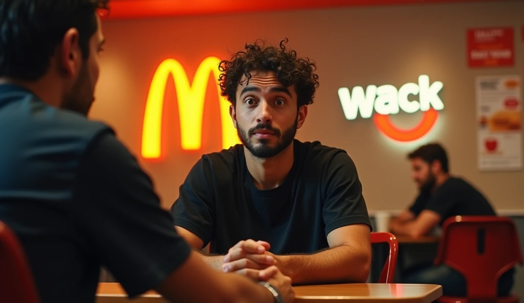 A highly realistic, high-contrast, 8K HD, detailed, hyper-detailed image of a fast-food restaurant commercial for "Wack," featuring a logo similar to McDonald's but with a "W." The scene focuses on a young man with curly hair and a beard, sitting in a chair across from another person. The man, wearing a black T-shirt, has an expression of surprise and curiosity as he looks at the person opposite him. The setting is a modern fast-food restaurant, with warm, orange-toned lighting creating a cozy yet dynamic atmosphere. The image is ultra-high resolution, RAW photo quality, with precise details that emphasize the man's facial expression, matching the provided reference image, and the distinct Wack branding in the background.
