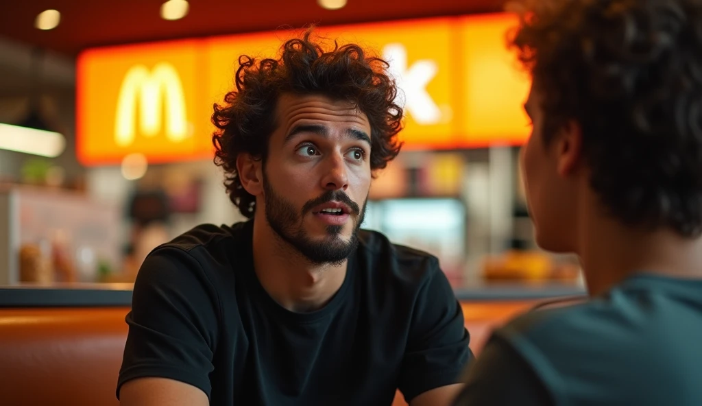 A highly realistic, high-contrast, 8K HD, detailed, hyper-detailed image of a fast-food restaurant commercial for "Wack," featuring a logo similar to McDonald's but with a "W." The scene focuses on a young man with curly hair and a beard, sitting in a chair across from another person. The man, wearing a black T-shirt, has an expression of surprise and curiosity as he looks at the person opposite him. The setting is a modern fast-food restaurant, with warm, orange-toned lighting creating a cozy yet dynamic atmosphere. The image is ultra-high resolution, RAW photo quality, with precise details that emphasize the man's facial expression, matching the provided reference image, and the distinct Wack branding in the background.