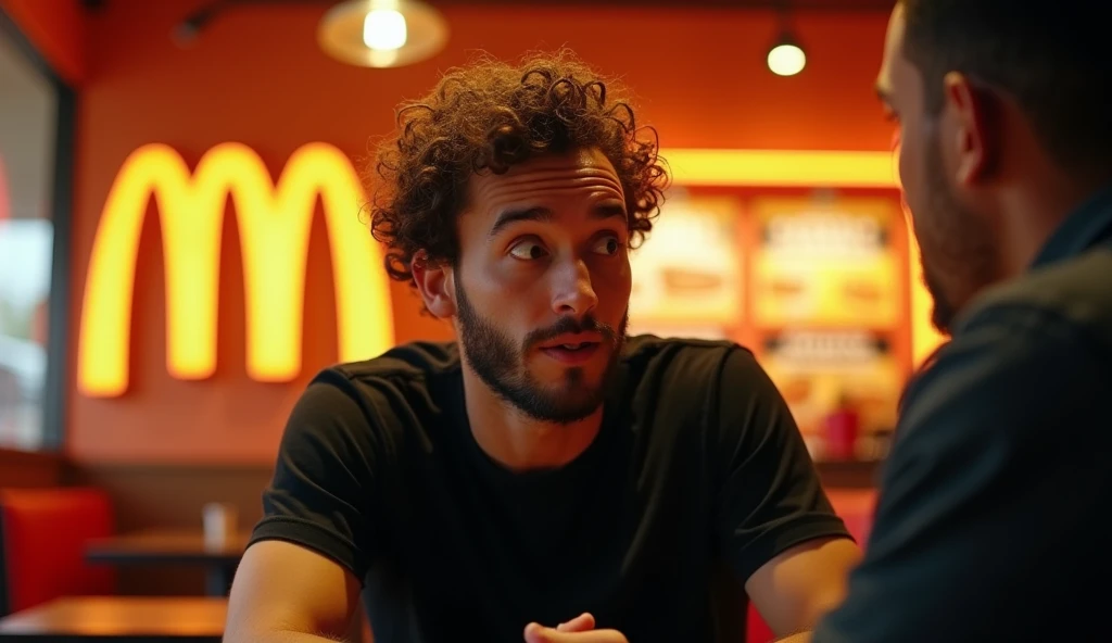 A highly realistic, high-contrast, 8K HD, detailed, hyper-detailed image of a fast-food restaurant commercial for "Wack," featuring a logo similar to McDonald's but with a "W." The scene focuses on a young man with curly hair and a beard, sitting in a chair across from another person. The man, wearing a black T-shirt, has an expression of surprise and curiosity as he looks at the person opposite him. The setting is a modern fast-food restaurant, with warm, orange-toned lighting creating a cozy yet dynamic atmosphere. The image is ultra-high resolution, RAW photo quality, with precise details that emphasize the man's facial expression, matching the provided reference image, and the distinct Wack branding in the background.
