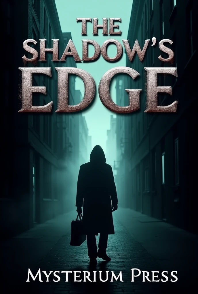 A4 sized Front cover : A dark, foggy alley with a silhouette of a person barely visible in the distance, holding a briefcase. The title "The Shadow's Edge" is in bold, metallic lettering at the top, with my name Mohammed Fayaz below it in smaller text.And add the press name :Mysterium Press