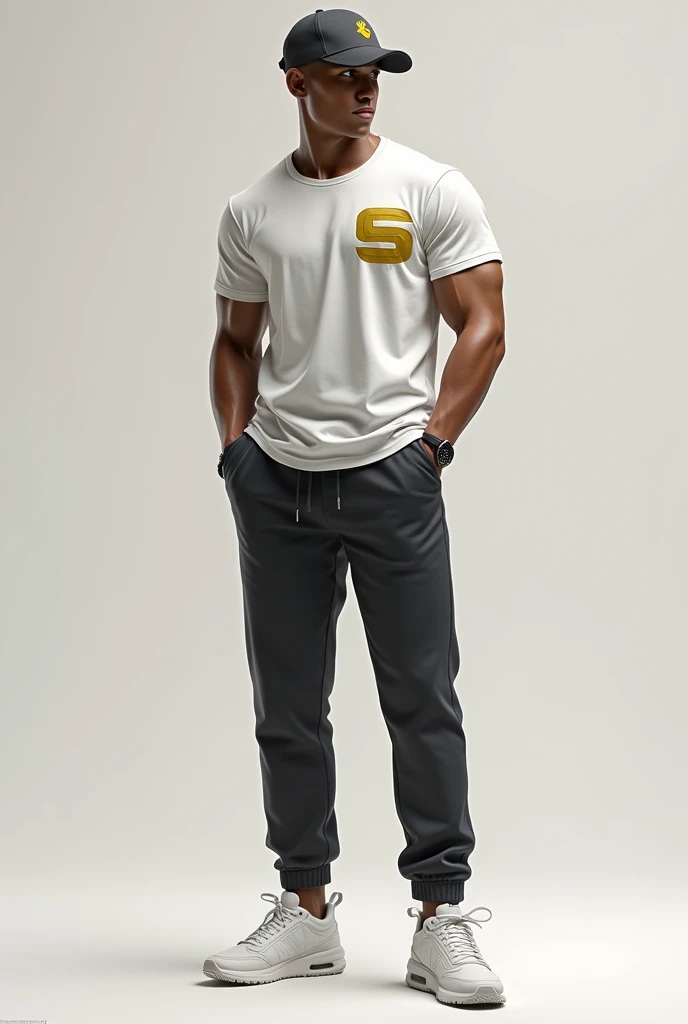 I want a man with a cap,shirt with a gold S on the right side of the chest,with pants,and a pair of sneakers on your feet