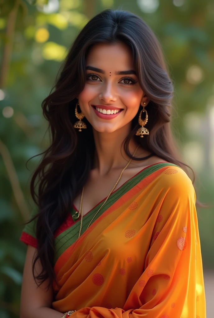 A woman with dusky skin tone in Indian outfit suit smiling 
