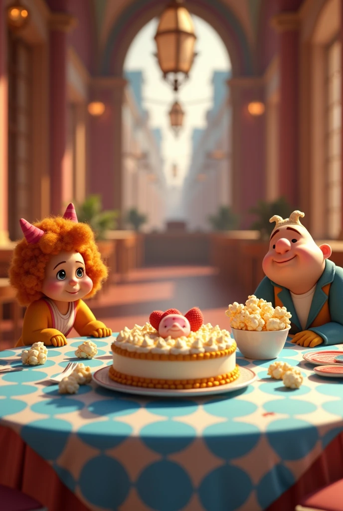 a table with a blue checkered tablecloth, with cake and popcorn in the hall, 3D cartoon style, cinematic