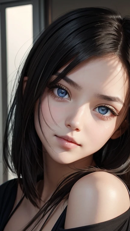 a girl who has short, beautiful shoulder-length hair and eyes that have the impression of a sharp gaze and has a cheeky and indifferent facial gesture