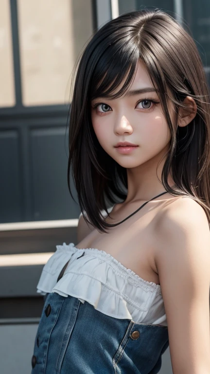 a girl who has short, beautiful shoulder-length hair and eyes that have the impression of a sharp gaze and has a cheeky and indifferent facial gesture