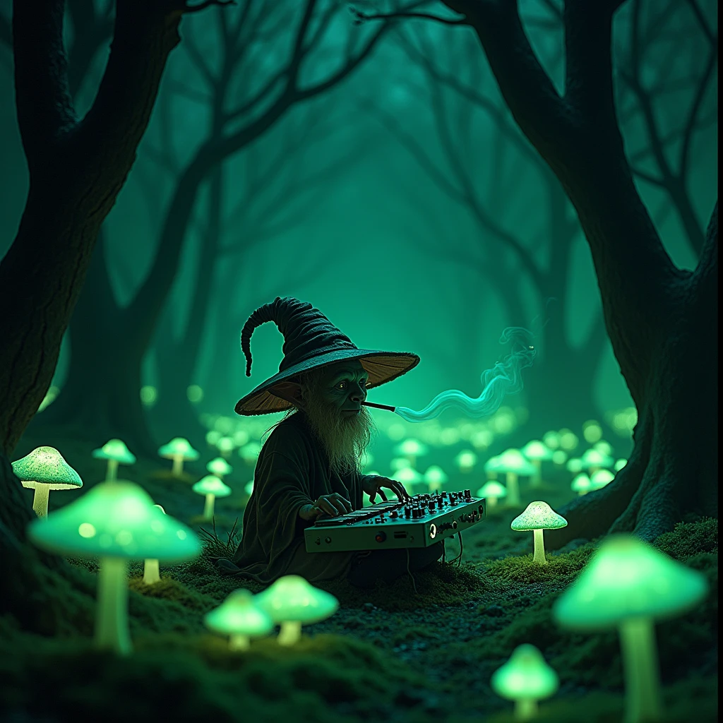Nightvision footage of a goblin thats dressed like a wizard sitting in a shroomhouse in a glowing shroomforest while smoking out of his herb vaporizer while playing on audio interfaces and dj pults in the night