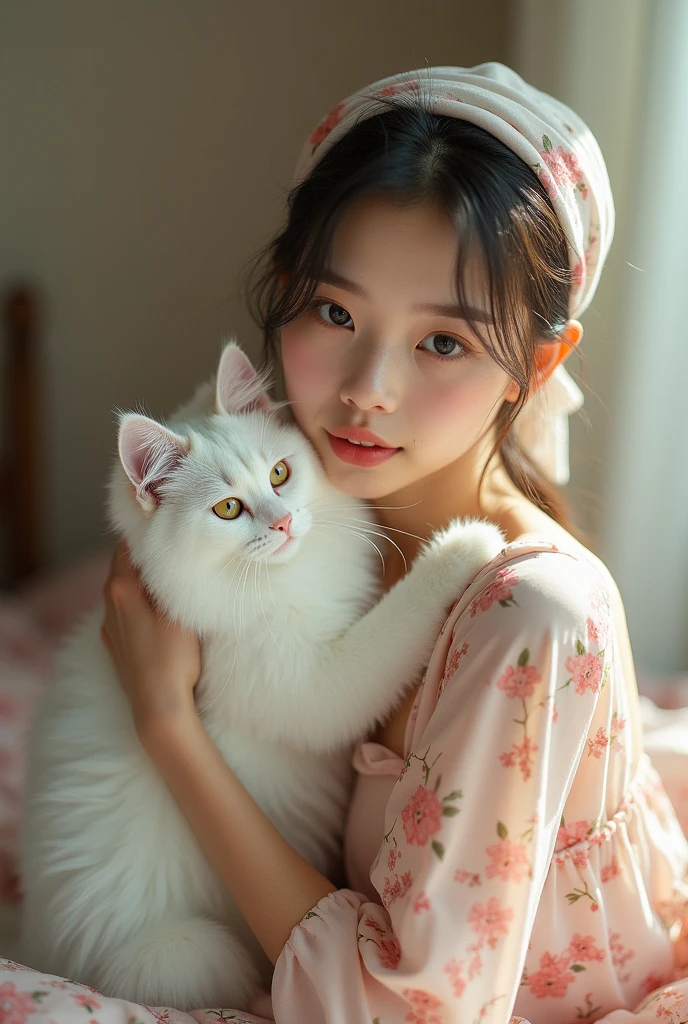 A white skin woman holding a white cat in hand standing in her bed room not showing face wearing a head scarf wearing a pink floral dress hiding her full face behind the cat bright