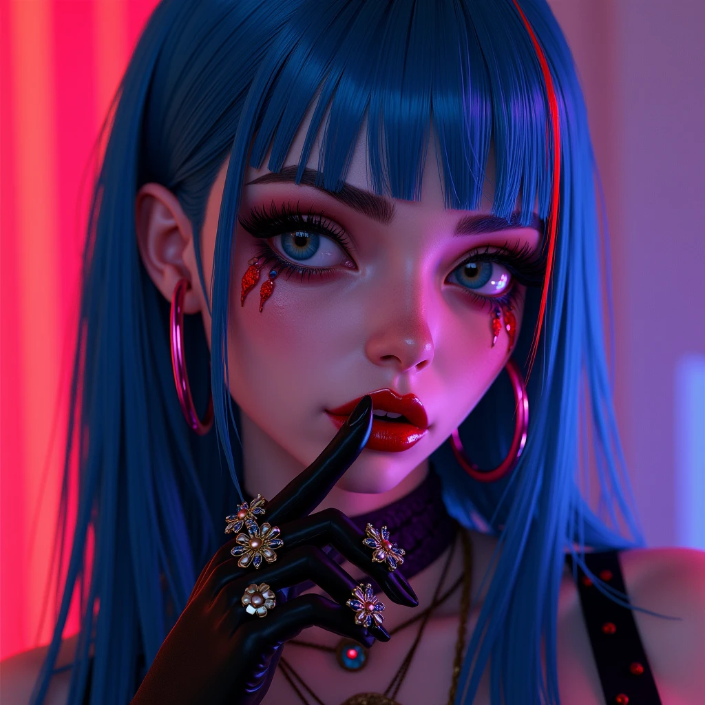 [Core Concept]
A close-up portrait of Jinx, the infamous criminal mastermind from the League of Legends universe.

[Character Description]
Jinx is depicted with her signature electric blue hair, wild and untamed, framing her mischievous face. Her eyes are filled with a gleam of unrestrained joy and a hint of madness, reflecting her chaotic and unpredictable nature.

[Environment/Background]
The background is blurred and indistinct, allowing the focus to remain solely on Jinx's captivating features.

[Style and Atmosphere]
The image has a gritty, neon-infused aesthetic, capturing the edgy and high-intensity vibe associated with Jinx's character.

[Composition]
The composition is tightly framed, drawing the viewer's attention directly to Jinx's expressive face and emphasizing the intensity of her gaze.

[Details and Embellishments]
Jinx's makeup is bold and striking, with sharp lines accentuating her features and a vibrant, almost fluorescent color palette that adds to the overall sense of energy and chaos.

[Technical Specifications]
The image is rendered with a high level of detail, showcasing the intricate textures and vibrant hues that bring Jinx's iconic appearance to life. Nude