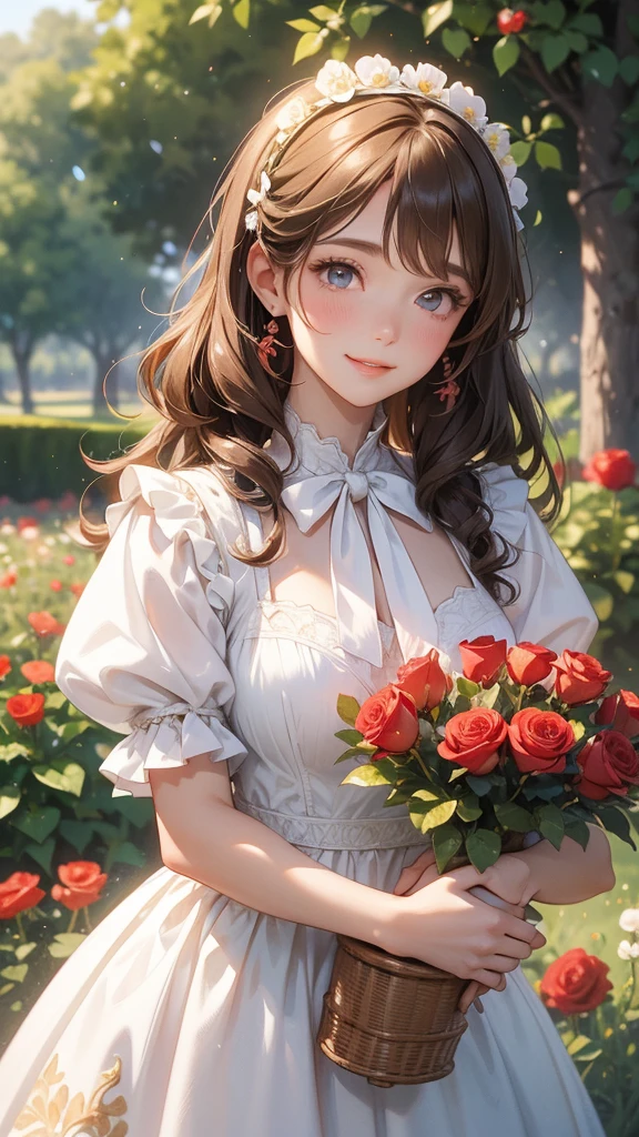 highest quality, (Ultra-high definition 4K), (Ultra High Resolution 8K), Photorealistic, Bright colors, High-definition facial beauty, Beautiful Hair, ((Lip gloss)), (Big and ample breasts), pretty girl, Standing model, Holding a bouquet of red flowers in both hands, Diamond Necklace, Lavender violet dress with beaded embroidery, garden, Flowers, sunlight, Gentle breeze, (Soft lighting, Rendered), Moderate: oil, 35mm f/1.8, Photographed with Sony FE GM