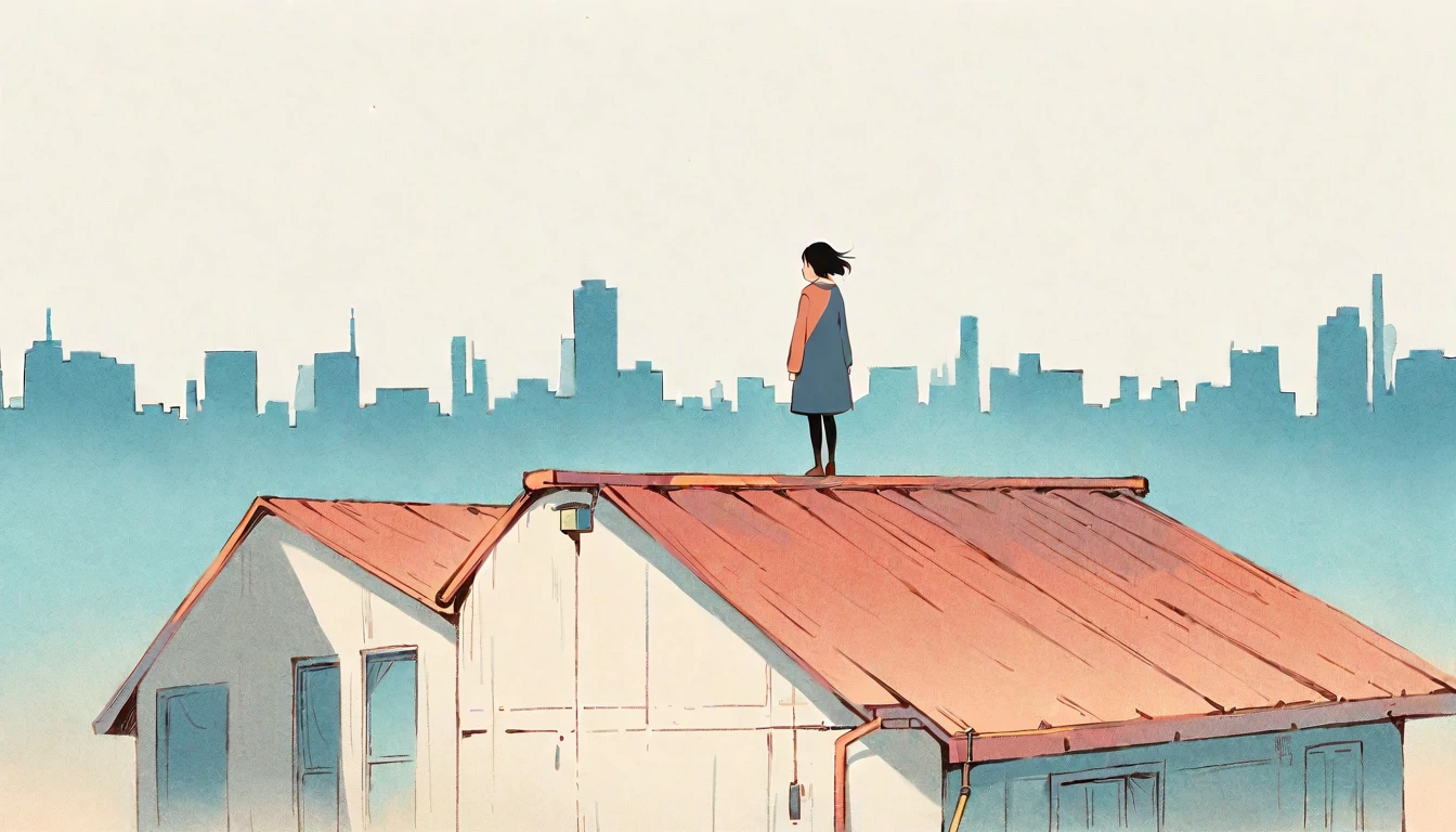 (Person standing on the roof:1.3),Girl on the Rooftop,Simple lines,Minimalism,Abstract art,Urban Background