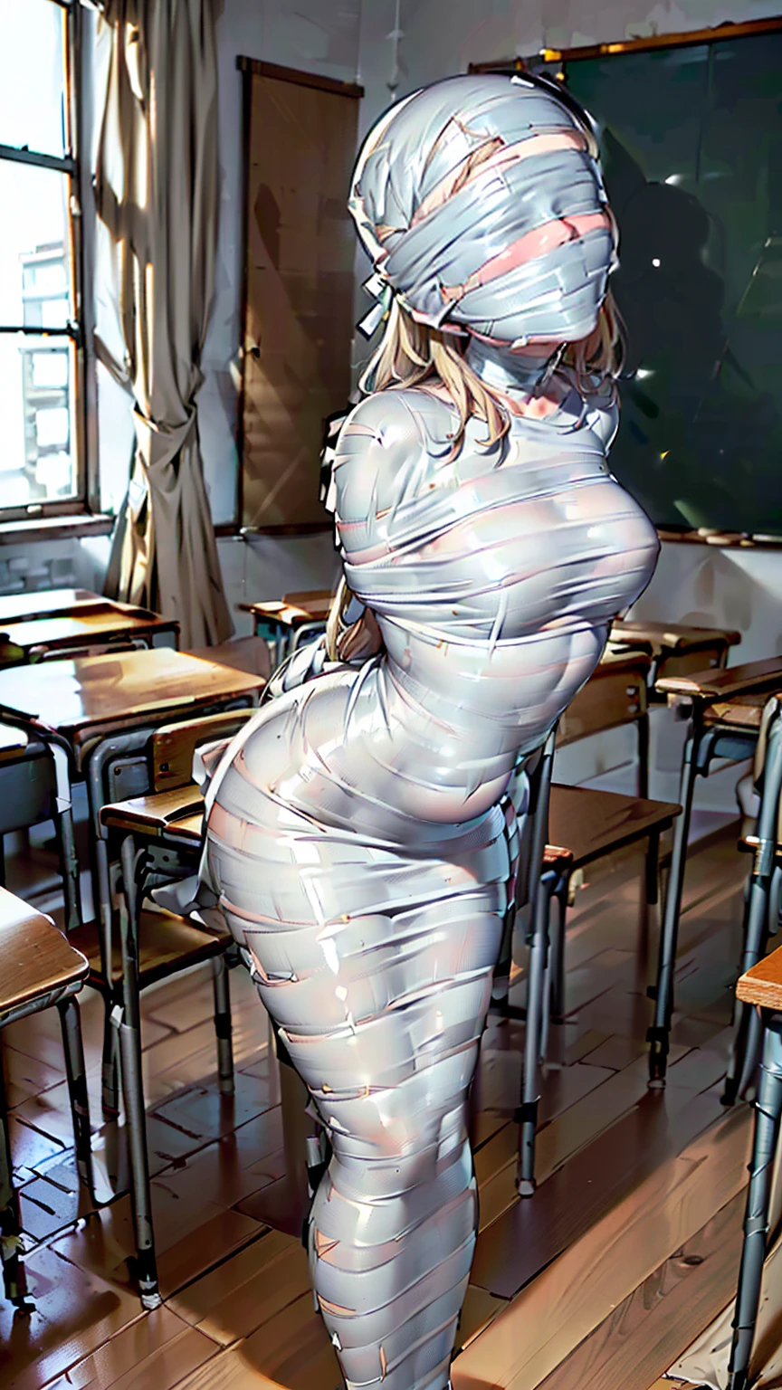 mummification, blindfold, tape gagged, (1 girl:1.4), (classroom:1.4), (Highly detailed CG Unity 8k), (highest quality), (Very detailed), (Ultra-high resolution), ((Hands tied behind back)), (Wrap the heads around with white duct tape:1.4), (Wrap the eyes around with white duct tape:1.4), (Wrap the mouth around with white duct tape:1.4), (blindfold around with white duct tape:1.4), (Wrap the face around with white duct tape:1.4), (From head to toe, wrap them in white duct tape to make a mummification:1.4), 