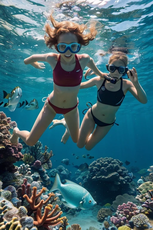 Happy skinny kids family scuba-diver sweden, with short ginger hair, dressed in light panties swimsuit, happy to pet fish, on a scorching summer day, in the lagoon on holidays.