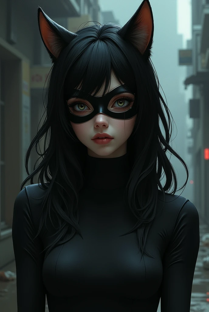 Sexy anime girl with cat mask long dark brown hair