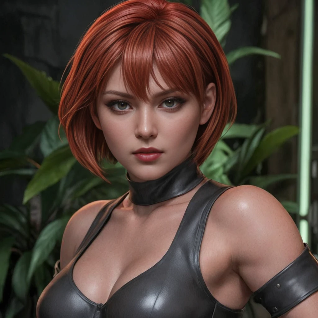 Red hair "REGINA", "DINO CRISIS GAME", quality, atlas, high resolution (4k, 8k), detailed portrait, beautiful and detailed face, delicate face, brown eyes, black makeup, red lipstick, Perfect Body, soft lighting, vivid colors, expression of anger .