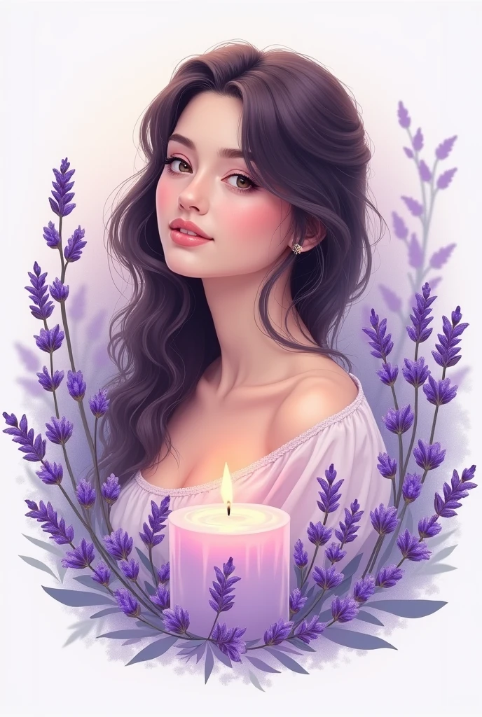 I want a logo off aromatic candels in pastel colors with a girl flowers of lavanda and candels realista