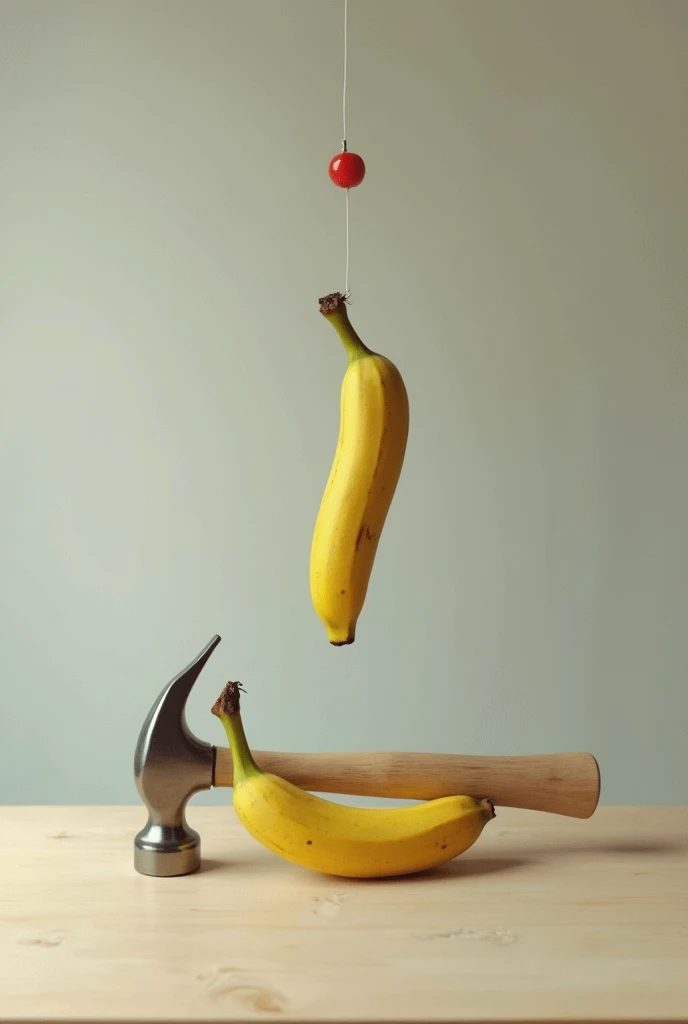 The hammer is placed on a table with the handle horizontal and a banana hanging from the claw.