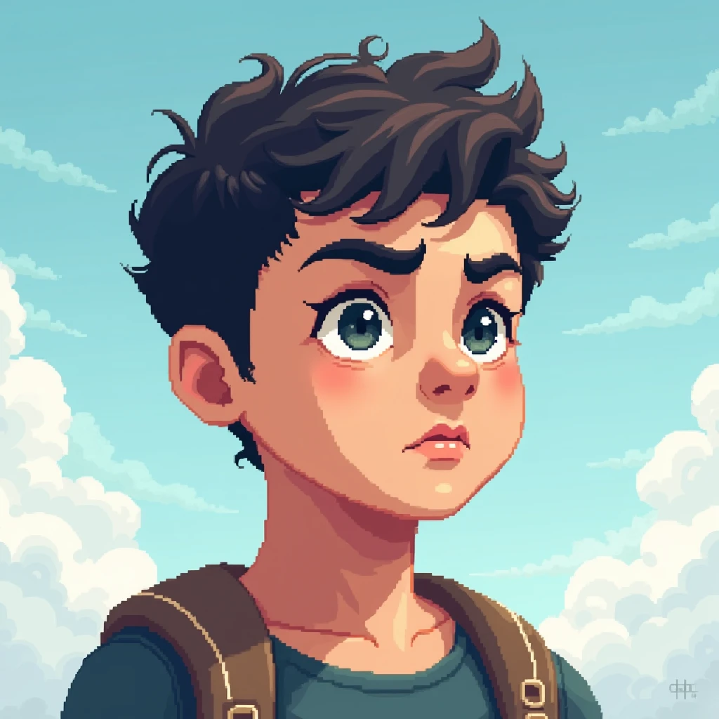  create a custom avatar that repressents a young boy ready to conquer with a sky background. It should be a  pixel image i need a pixel image of  face only