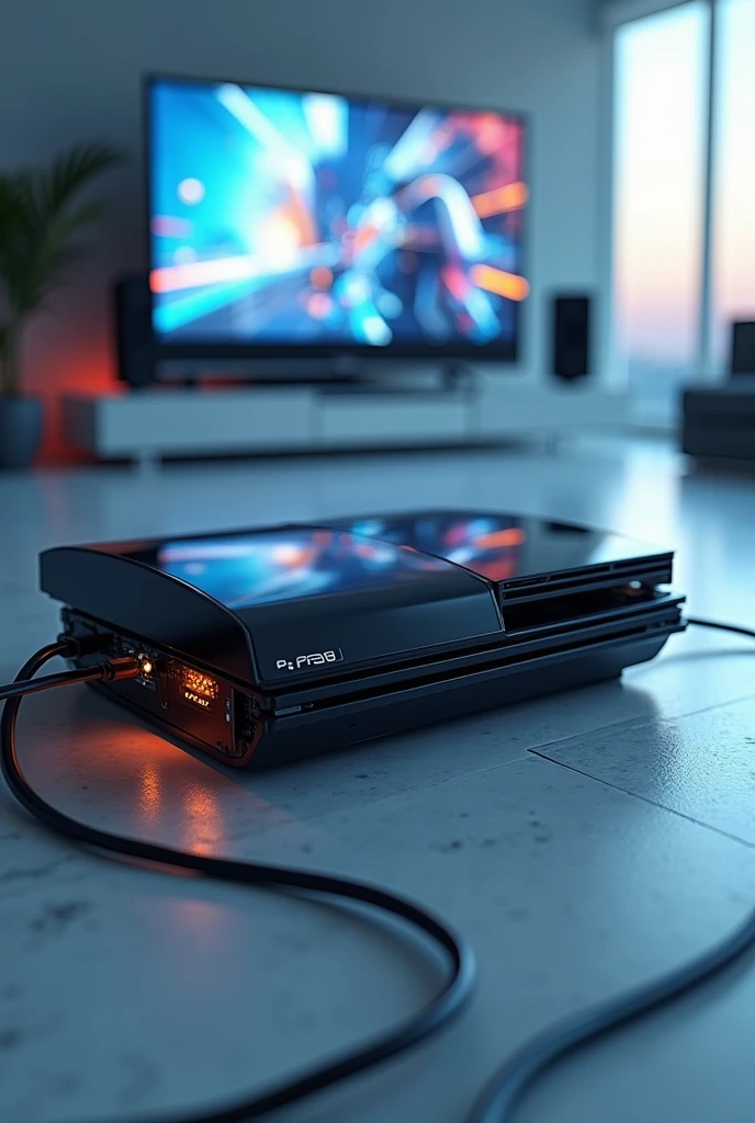 Image of a play station 3 connected by cable to a television. The memory and processor should be visible on the play station.. A video game is running on the screen