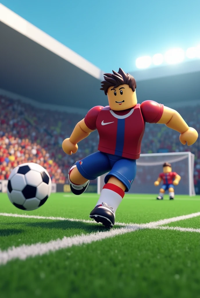 Create a roblox footballer as a man that shoots a top corner goal from the penalty area