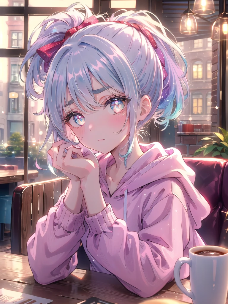 ((8k, Highest quality, masterpiece: 1.3)),Ultra-high resolution,(1 girl, alone), (Color changing eyes, Ultra-detailed, Expressive brilliance, Glitter, Glowing Eyes), Highly detailed eyes, Highly detailed face, Random Hair, ((pastel colour)In a cozy, intimate café with warm lighting and wooden furniture, the woman sits at a small table with a cup of coffee in a ceramic mug and a small spoon resting beside it. She’s dressed in a soft, pastel-colored hoodie and joggers, with her hair in a high ponytail. The café’s background is softly blurred, highlighting her expressive face as she looks at the camera with an exasperated expression, her eyebrows raised and her mouth slightly open as if she’s in the middle of venting or complaining about something that’s bothering her, though there’s a hint of humor in her eyes.