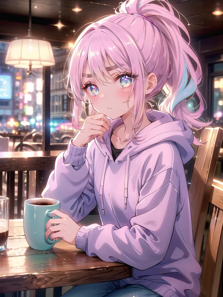 ((8k, Highest quality, masterpiece: 1.3)),Ultra-high resolution,(1 girl, alone), (Color changing eyes, Ultra-detailed, Expressive brilliance, Glitter, Glowing Eyes), Highly detailed eyes, Highly detailed face, Random Hair, ((pastel colour)In a cozy, intimate café with warm lighting and wooden furniture, the woman sits at a small table with a cup of coffee in a ceramic mug and a small spoon resting beside it. She’s dressed in a soft, pastel-colored hoodie and joggers, with her hair in a high ponytail. The café’s background is softly blurred, highlighting her expressive face as she looks at the camera with an exasperated expression, her eyebrows raised and her mouth slightly open as if she’s in the middle of venting or complaining about something that’s bothering her, though there’s a hint of humor in her eyes.