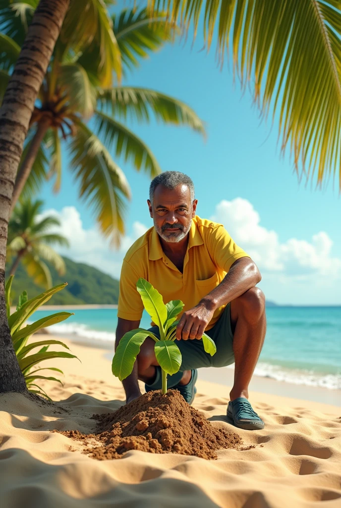 President Lula planting a banana tree on the beach