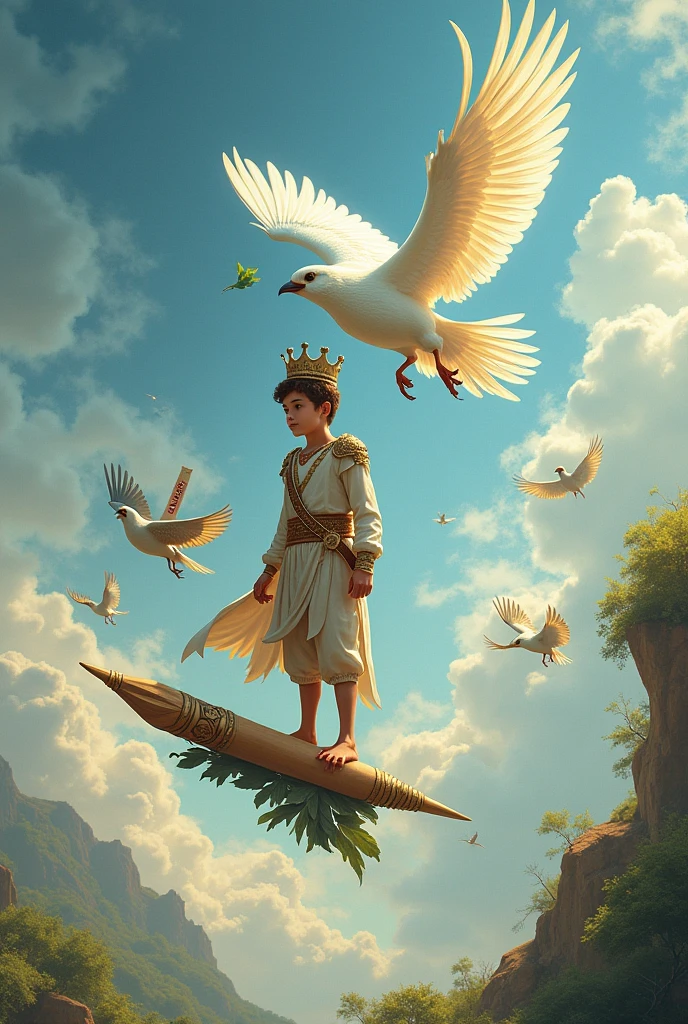 A boy standing on a flying pen, with different beautiful birds, wearing a prince dress, a white bird with large wings sitting on his shoulders, write Azhar on a leaf picked by the bird