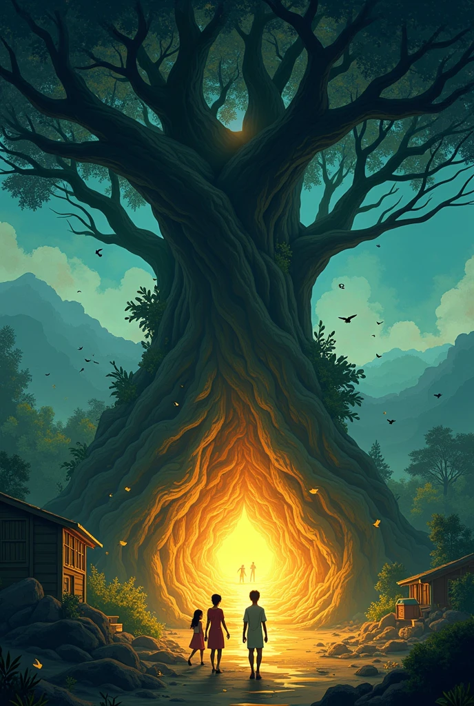 An enchanting village named Nandanpur, surrounded by lush green forests and chirping birds. In the centre, a massive old Peepal tree, mysterious and ancient, with a magical aura. Three friends—Rahul, Seema, and Mohan—stand near the tree, discovering a glowing key among its roots. The ground subtly shakes as a hidden door beneath the tree slowly opens. The friends enter a dark, mystical cave illuminated by the key's light, revealing a treasure trove of colourful gems and gold coins. A magical voice echoes, teaching them the true value of friendship and honesty. Outside, the village transforms, the tree thriving with life, and the villagers rejoicing in newfound happiness."