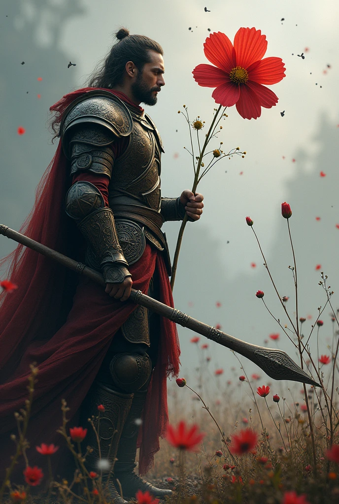 A warrior smelling a cosmos flower with big black particles coming out from the flower poisoning the puller
