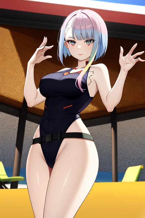 ((Best quality)),((very detailed)),masterpiece,absurdity,detailed face,Beautiful face,(Detailed eyes, Deep eyes),1 girl,((dynamic pose)) , mature face, Lucy, multicolored hair, One, black tank top without straps, black swimsuit, sexuality, bang, short hair, draw up, bare shoulders, naked body,  on the beach, Sun, wound, сидит на Sun loungerе, Sun lounger, раздвигая breast, breast, red Eyeliner, Red lips, different colored eyes,  black купальник, Long legs, from the outside, cyberpunk, closed mouth, parted bang, gradient hair, medium breast, Eyeliner, Body,  pomade, green hair, thigh vent, cyborg, standing, looking away, blunt bang, pale skin, belt, I look at the viewer, 