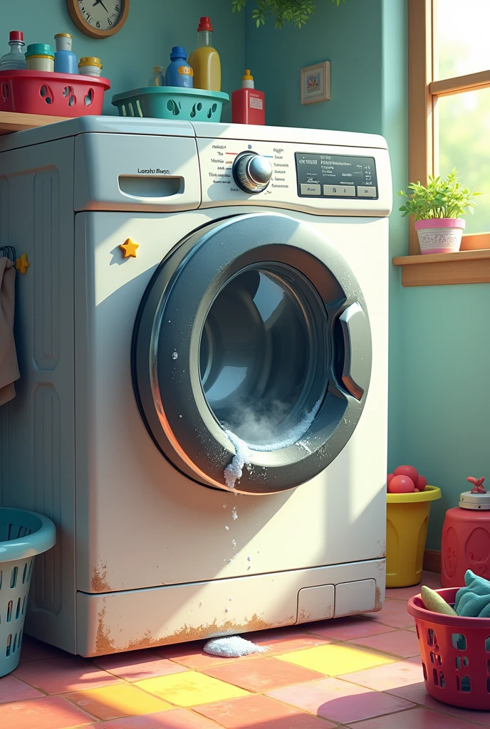 washing machine door with a bad smell from the inside, in the style of an animated film