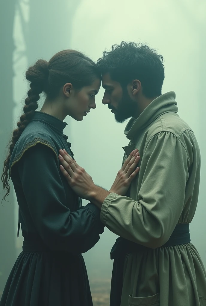 Two people in separate history and modern worlds trying to hold each others palm and foreheads stick together