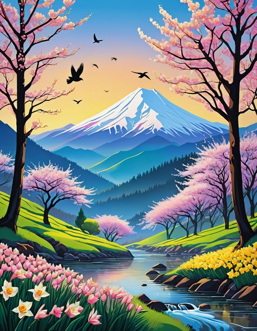 Deep forest, distant mountains, flying birds. Two-dimensional style, vibrant and dynamic, Cherry blossoms cover the mountainside, sunrise can be seen in the distance, The creek meanders, There are several daffodils on the shore, sunrise