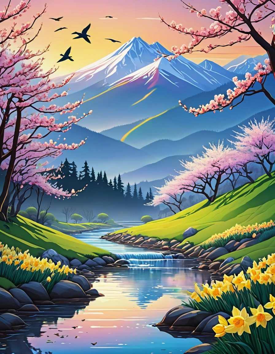 Deep forest, distant mountains, flying birds. Two-dimensional style, vibrant and dynamic, Cherry blossoms cover the mountainside, sunrise can be seen in the distance, The creek meanders, There are several daffodils on the shore, sunrise