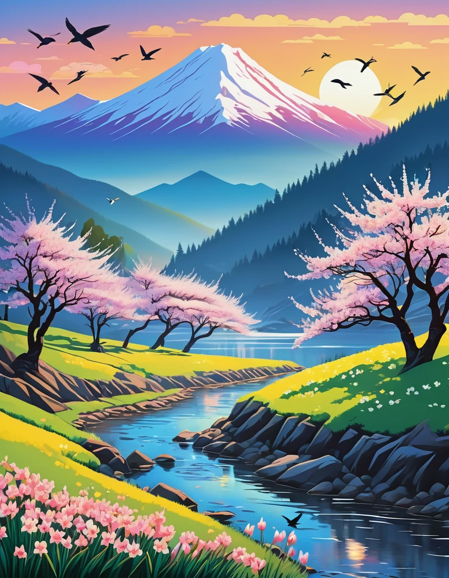 Deep forest, distant mountains, flying birds. Two-dimensional style, vibrant and dynamic, Cherry blossoms cover the mountainside, sunrise can be seen in the distance, The creek meanders, There are several daffodils on the shore, sunrise