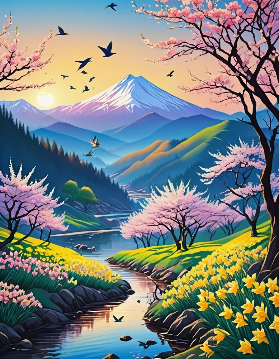 Deep forest, distant mountains, flying birds. Two-dimensional style, vibrant and dynamic, Cherry blossoms cover the mountainside, sunrise can be seen in the distance, The creek meanders, There are several daffodils on the shore, sunrise