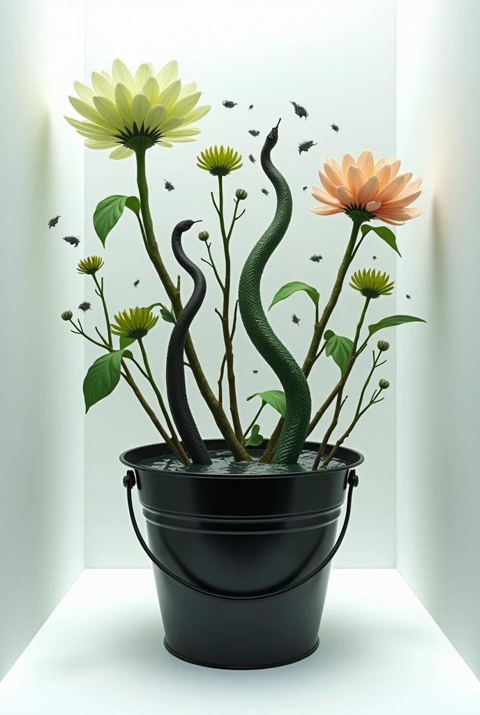 A white cubic room, with a black bucket and inside that bucket crystal clear water, inside this bucket covered by water some rooted branches, green mum and black mum, but in reality these branches turn into snakes, one of the branches is a black snake, and the other branch is a green snake that looks like a caterpillar, and the other is a rainbow snake of half-darkened tones, and from its leaves mice are born and jump out of the bucket, as if they were baby snakes.