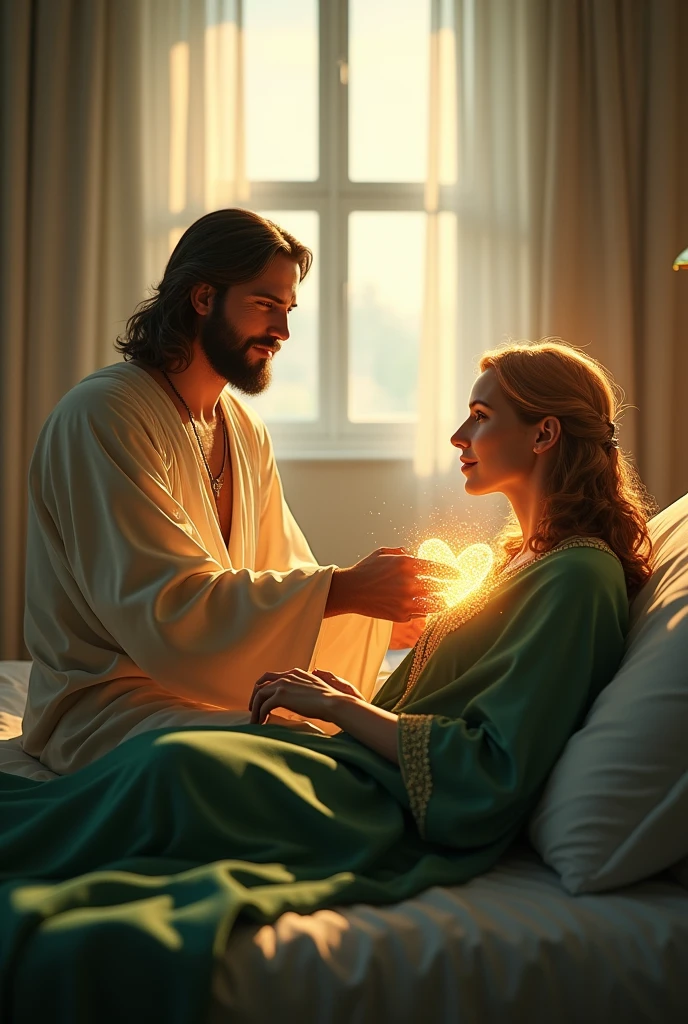 (photorealism:1.2), Handsome Jesus Christ, sitting on bed together with a sickness person holding their hand, the face of sickness person is visible, the light of his head and heart is sparkling all over, wearing the green color of beautiful king clothes, the light in his head and heart is sparkling, nice hair, indoors, soft lighting, hospital of bed ridden in the background, window with sunlight, cozy room, relaxed pose, realistic, intricate details, warm colors,